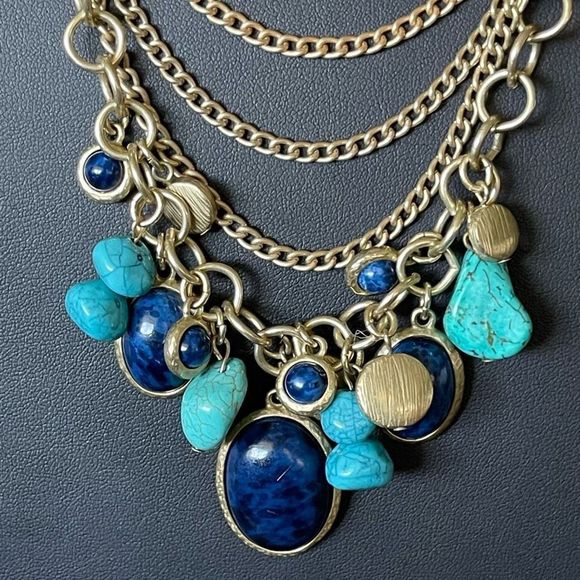 CHICO’S “Denise” Faux Turquoise and Cobalt Blue Multi Strand Dangle Necklace - Picture 3 of 4